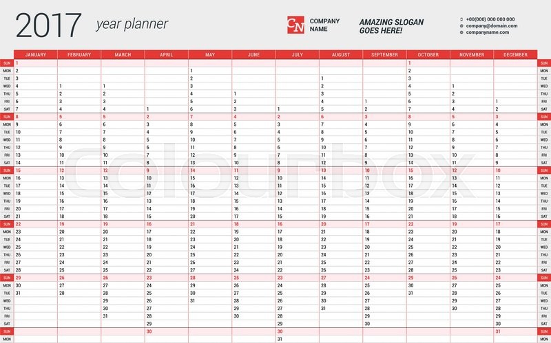 Yearly Wall Calendar Planner Template for 2017 Year. Vector Design 