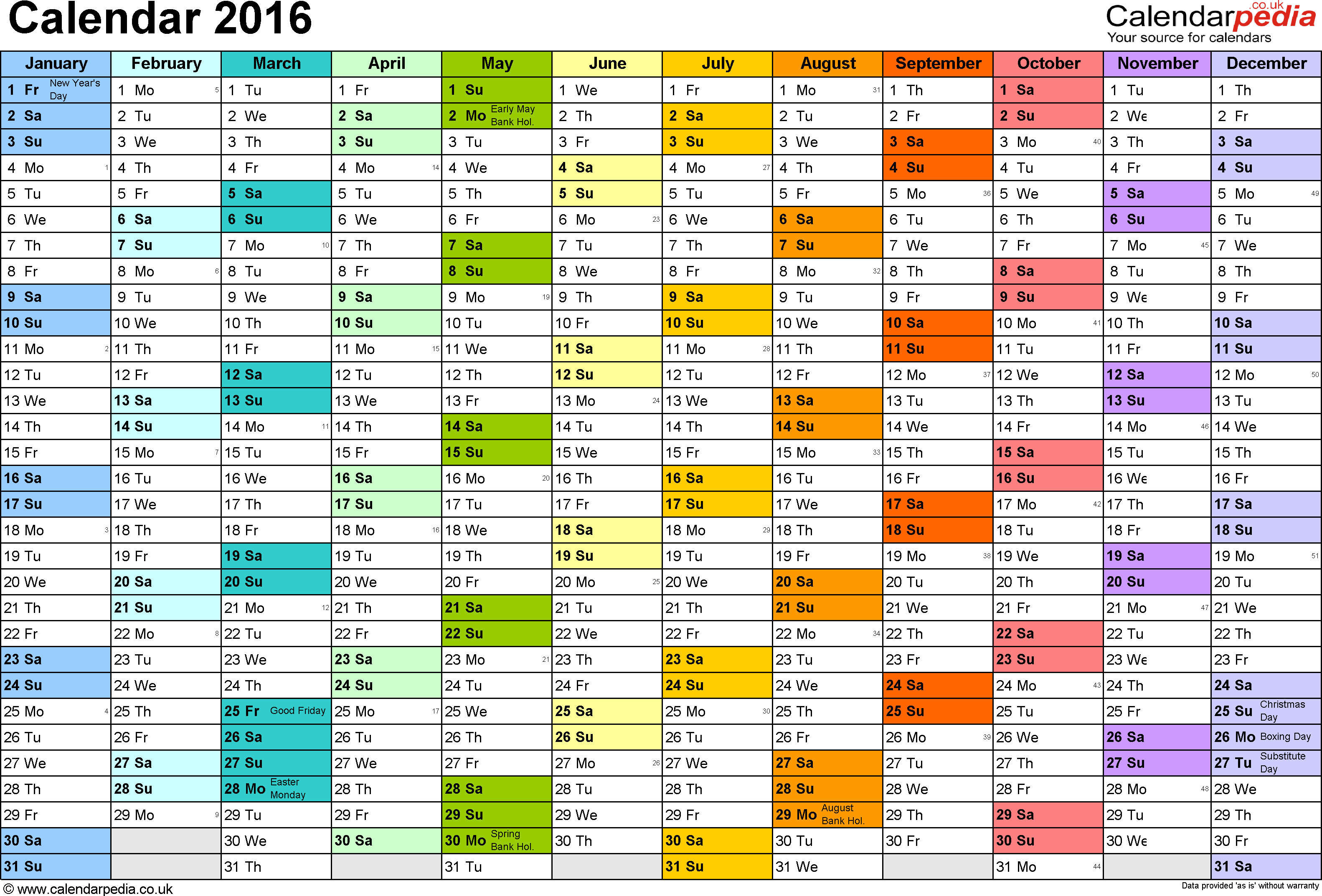 Excel Calendar 2016 (UK): 16 printable templates (xls/xlsx, free)