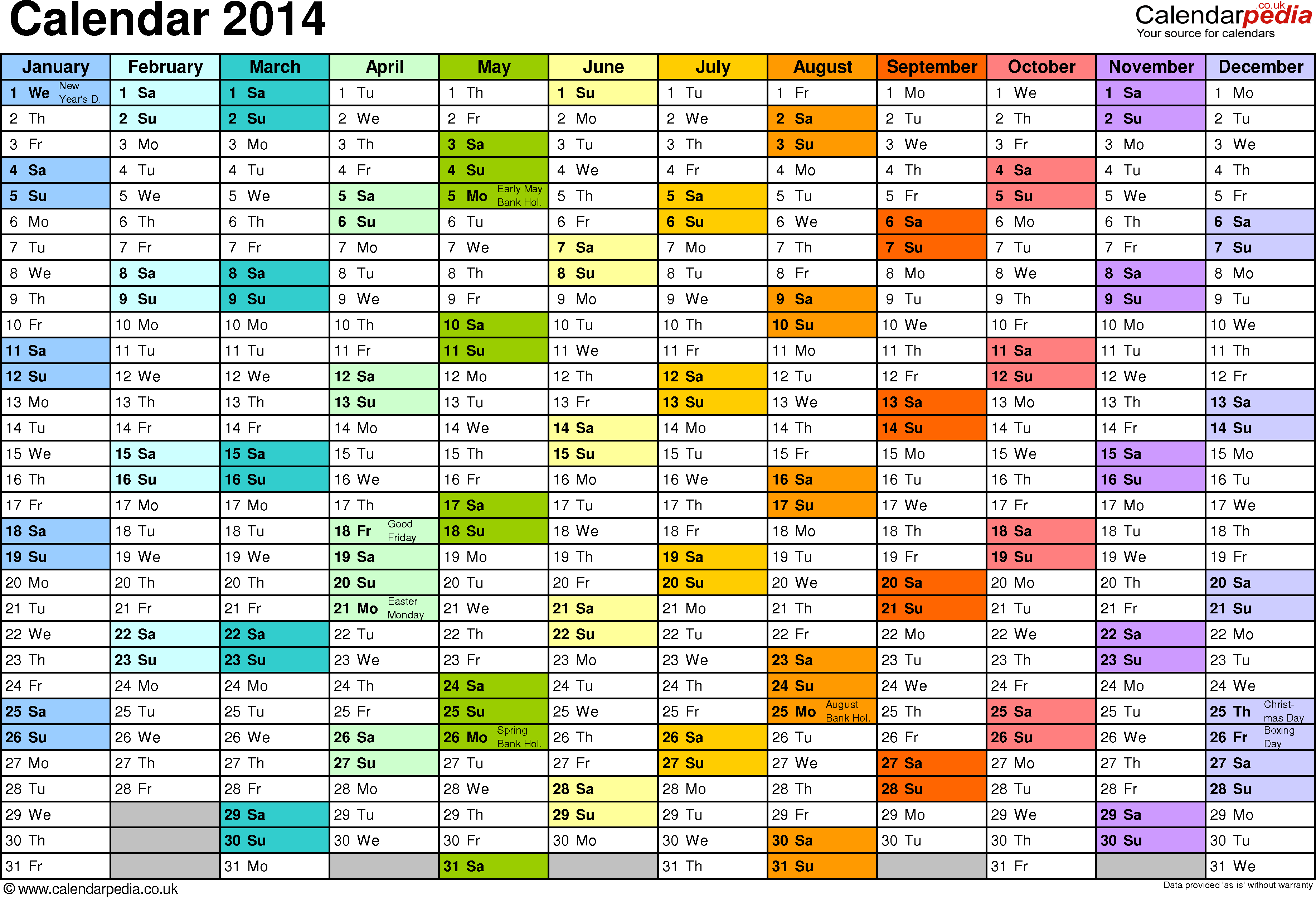 Excel year planner/calendar 2014 UK: 15 free printable templates