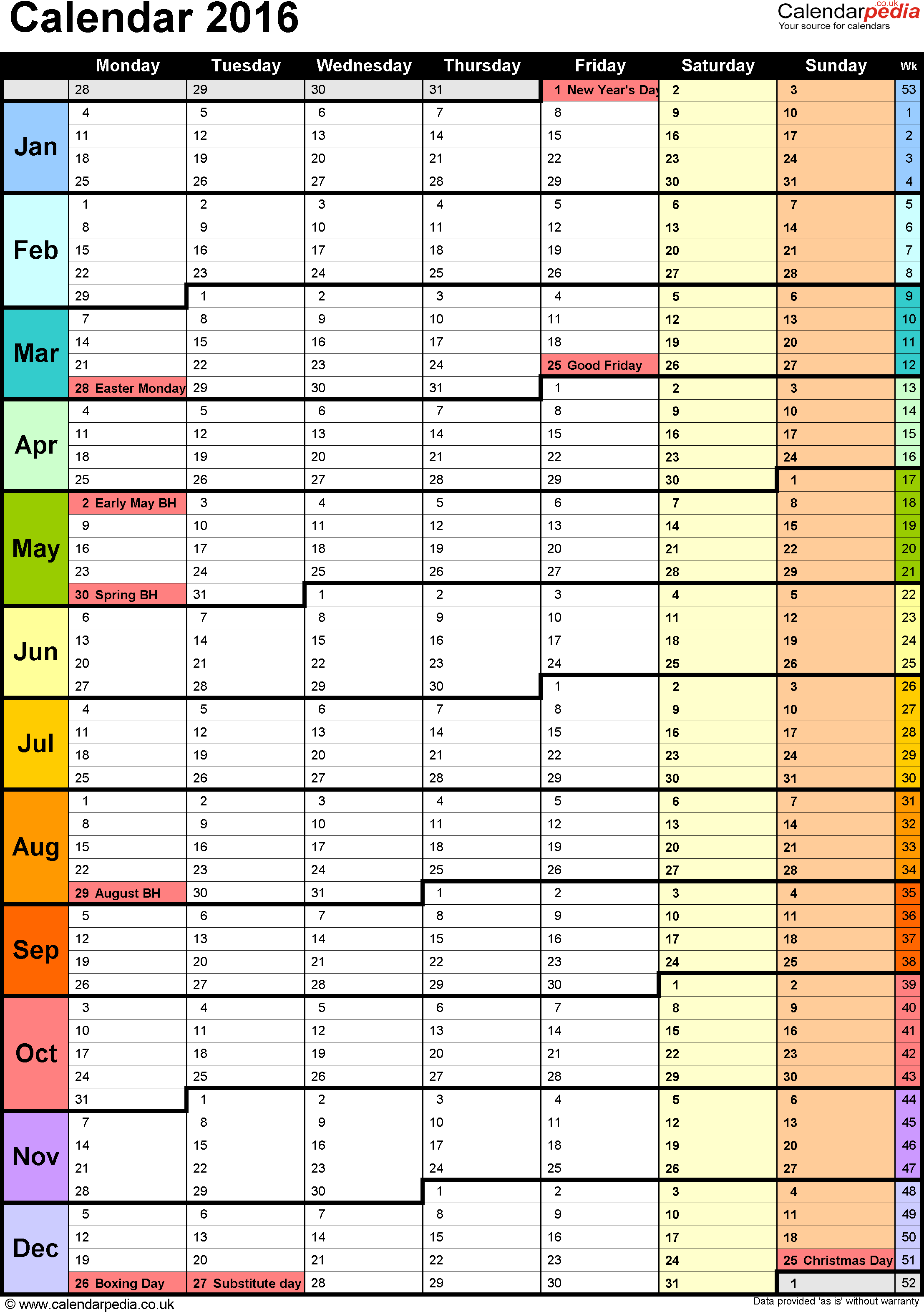 Excel Calendar 2016 (UK): 16 printable templates (xls/xlsx, free)