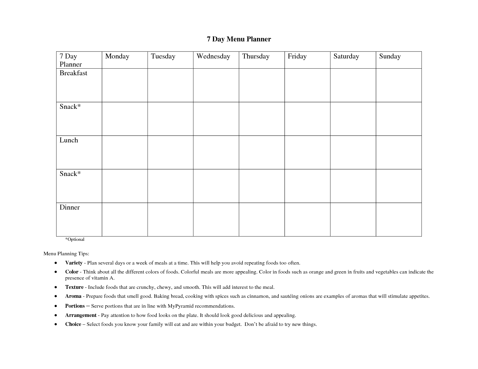 Daily Menu Chart