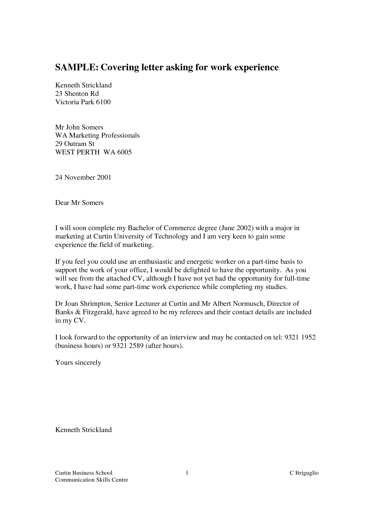 cover letter for work experience placement