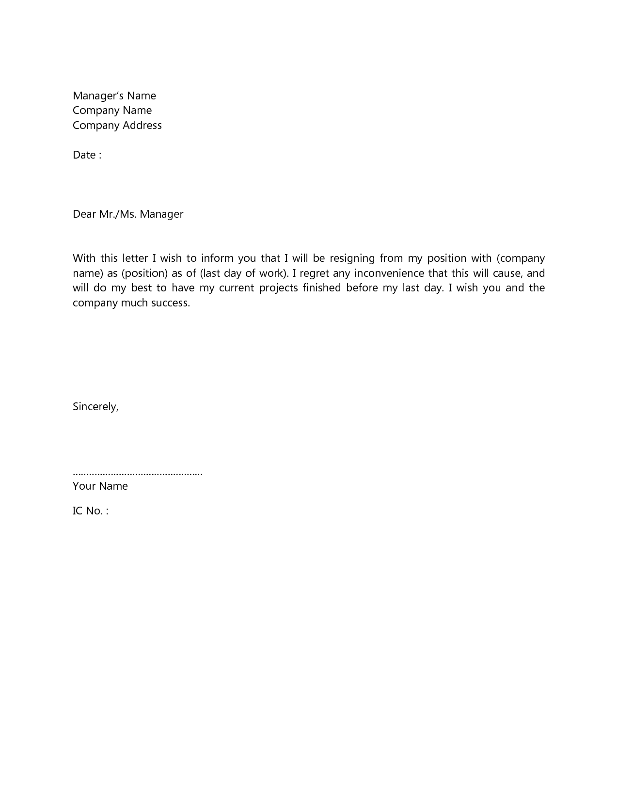 Quitting Letter Template planner template free