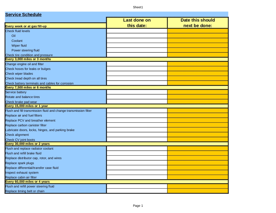 Vehicle Maintenance Schedule Template Excel | planner template free